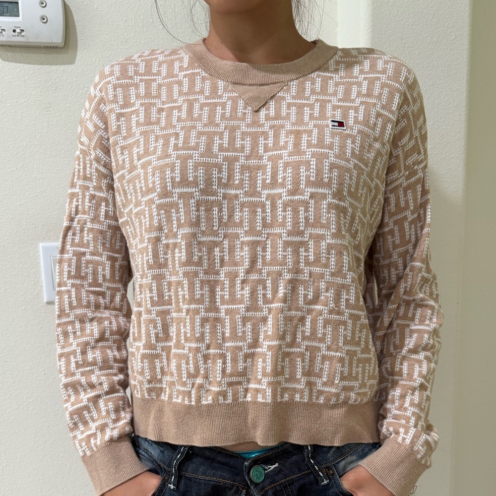 Tommy Hilfiger Tan Crew Neck Sweater with Geometric Knit